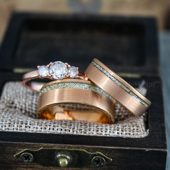 Meteorite Rings, Meteorite Wedding Bands, Rose Gold Tungsten Bands with Meteorite Inlay - Image 1
