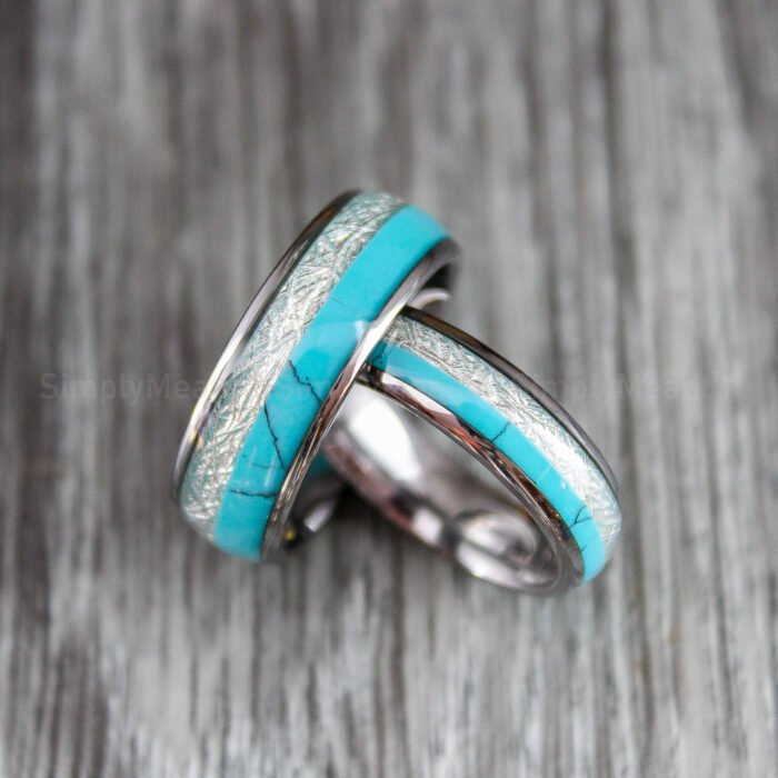 Turquoise Rings, Turquoise Wedding Bands, Silver Tungsten Bands with Meteorite and Turquoise Inlay - Image 1