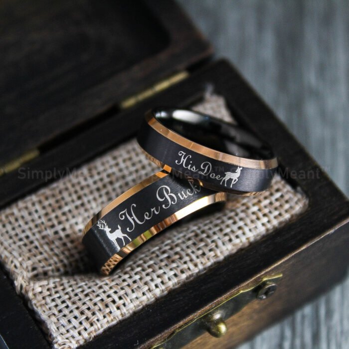 Her Buck His Doe Rings, Buck and Doe Rings, Buck and Doe Wedding Bands, Black Wedding Rings, Couple Rings - Image 1