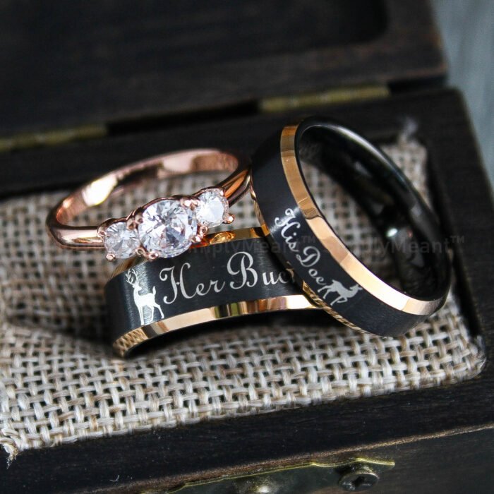 Her Buck His Doe Rings, Buck and Doe Rings, Buck and Doe Wedding Bands, Black Wedding Rings, Couple Rings - Image 1