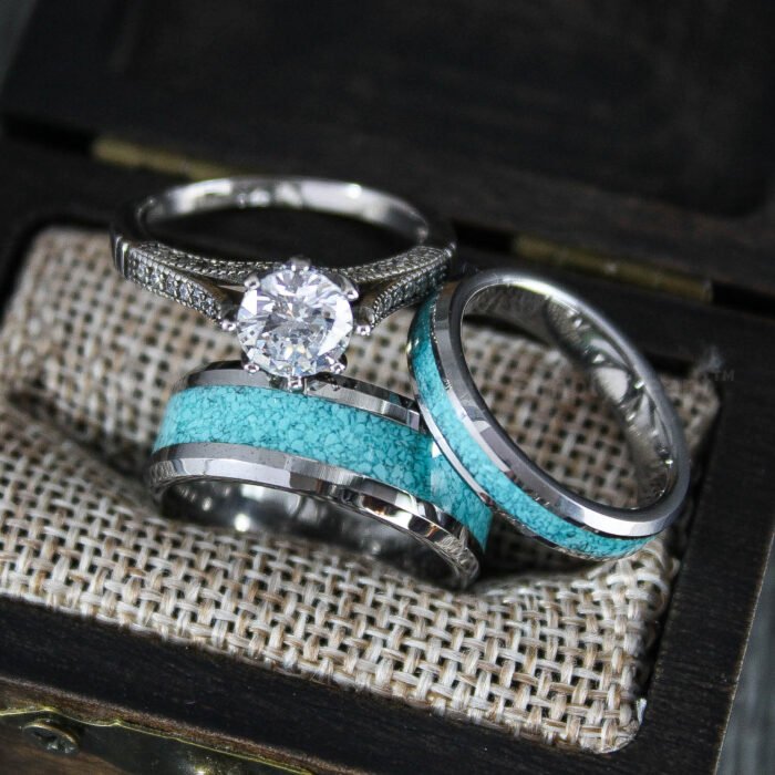 Turquoise Rings, Couple Turquoise Wedding Bands, Silver Tungsten Bands with Turquoise Inlay - Image 1