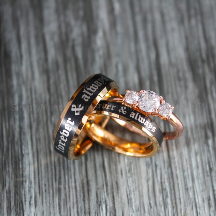 Forever and Always Rings, Black Wedding Bands, Couple Ring Set, Matching Couple Rings - Image 1
