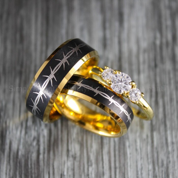 Barbed Wire Rings, Black Wedding Bands, Couple Ring Set, Matching Couple Rings - Image 1