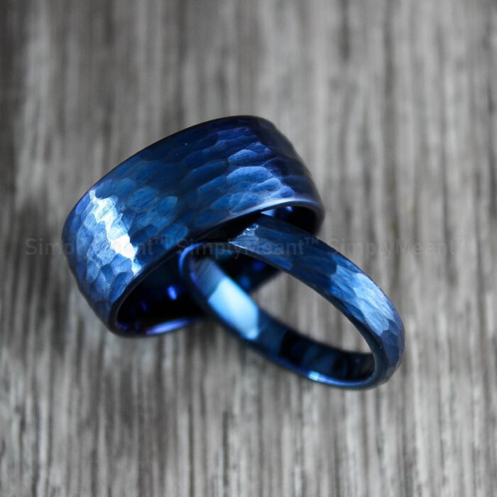 Couple Rings, Blue Wedding Bands, Matching Wedding Rings, Hammered Rings - Image 1