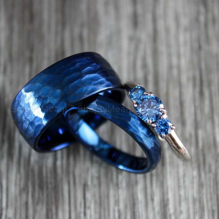 Couple Rings, Blue Wedding Bands, Matching Wedding Rings, Hammered Rings - Image 1