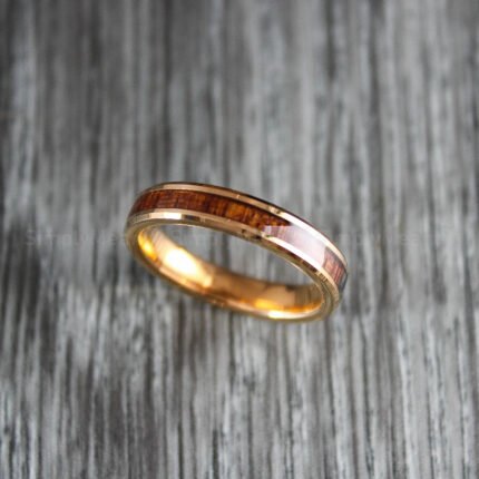 Wood Ring, Wood Wedding Band, 4mm Rose Gold Tungsten Wedding Band, Wood Wedding Ring