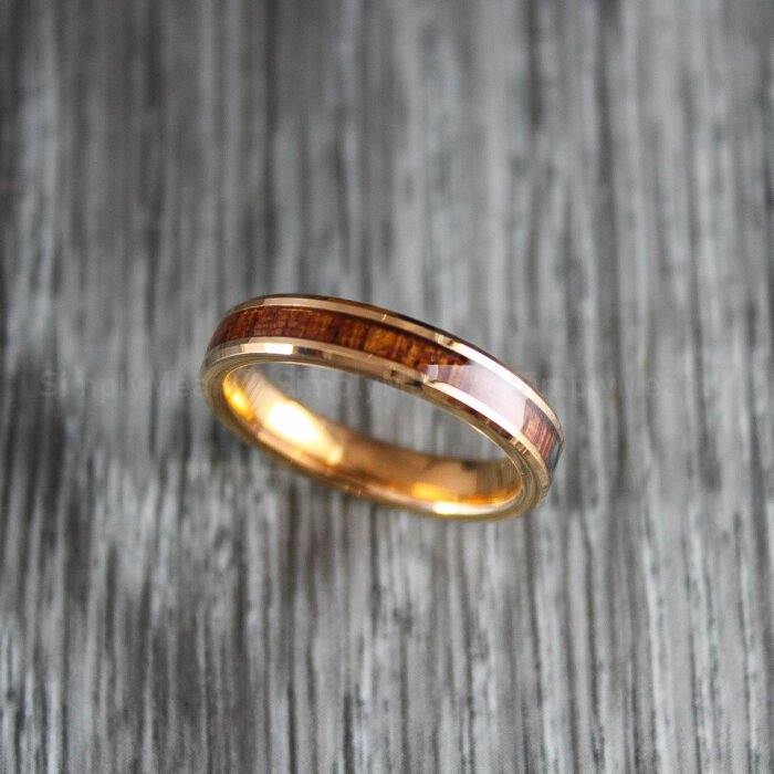 Wood Ring, Wood Wedding Band, 4mm Rose Gold Tungsten Wedding Band, Wood Wedding Ring - Image 1